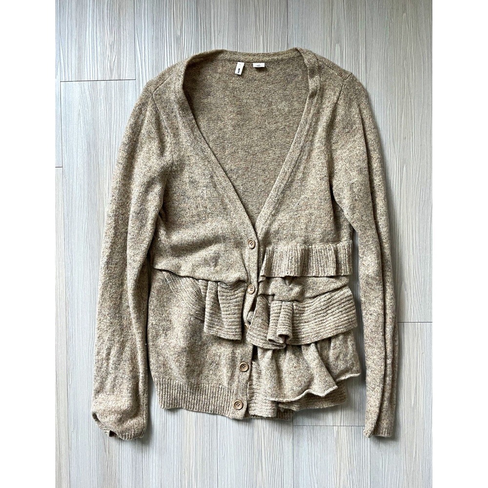 Moth Anthropologie Women's Beige Wool Knit V-Neck Button Ruffle Cardigan Sz L
